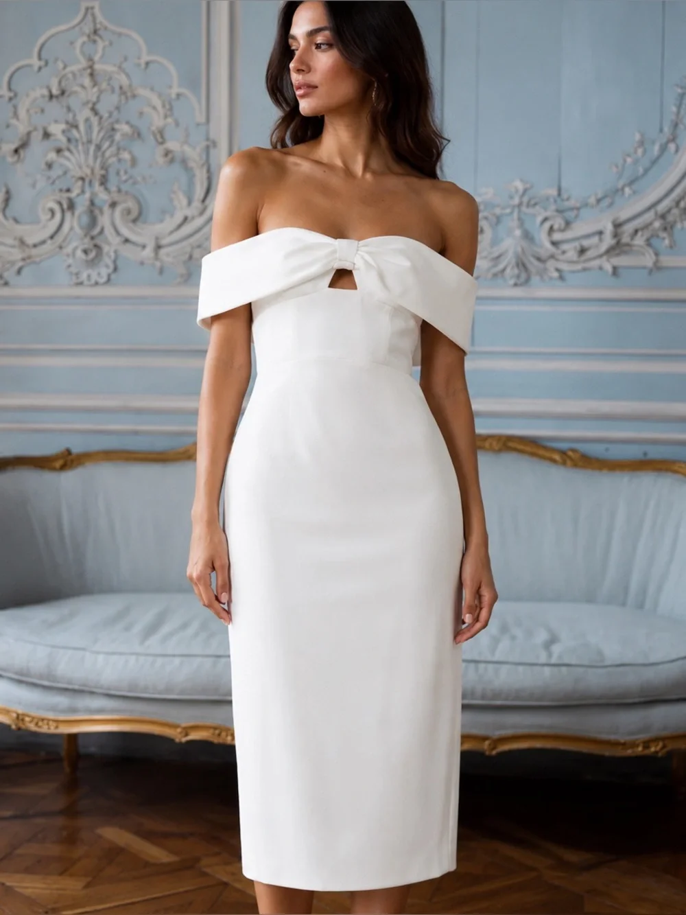 Self-Portrait White Crepe Midi Dress Size 0 Small Bridal Wedding Event Dress NEW
